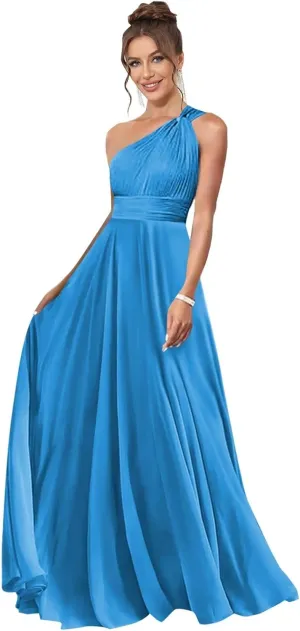 One Shoulder Bridesmaid Dresses for Wedding Chiffon A Line Pleated Long Formal Prom Dress with Pockets