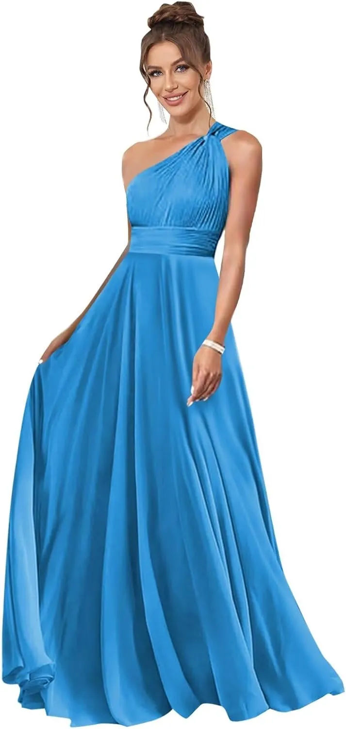 One Shoulder Bridesmaid Dresses for Wedding Chiffon A Line Pleated Long Formal Prom Dress with Pockets