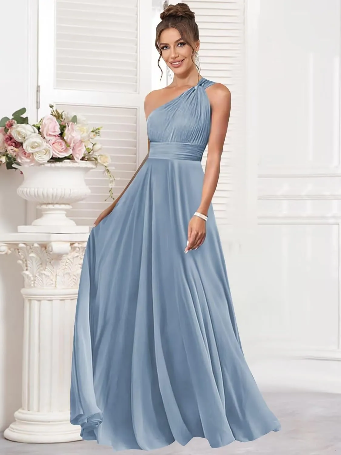 One Shoulder Bridesmaid Dresses for Wedding Chiffon A Line Pleated Long Formal Prom Dress with Pockets