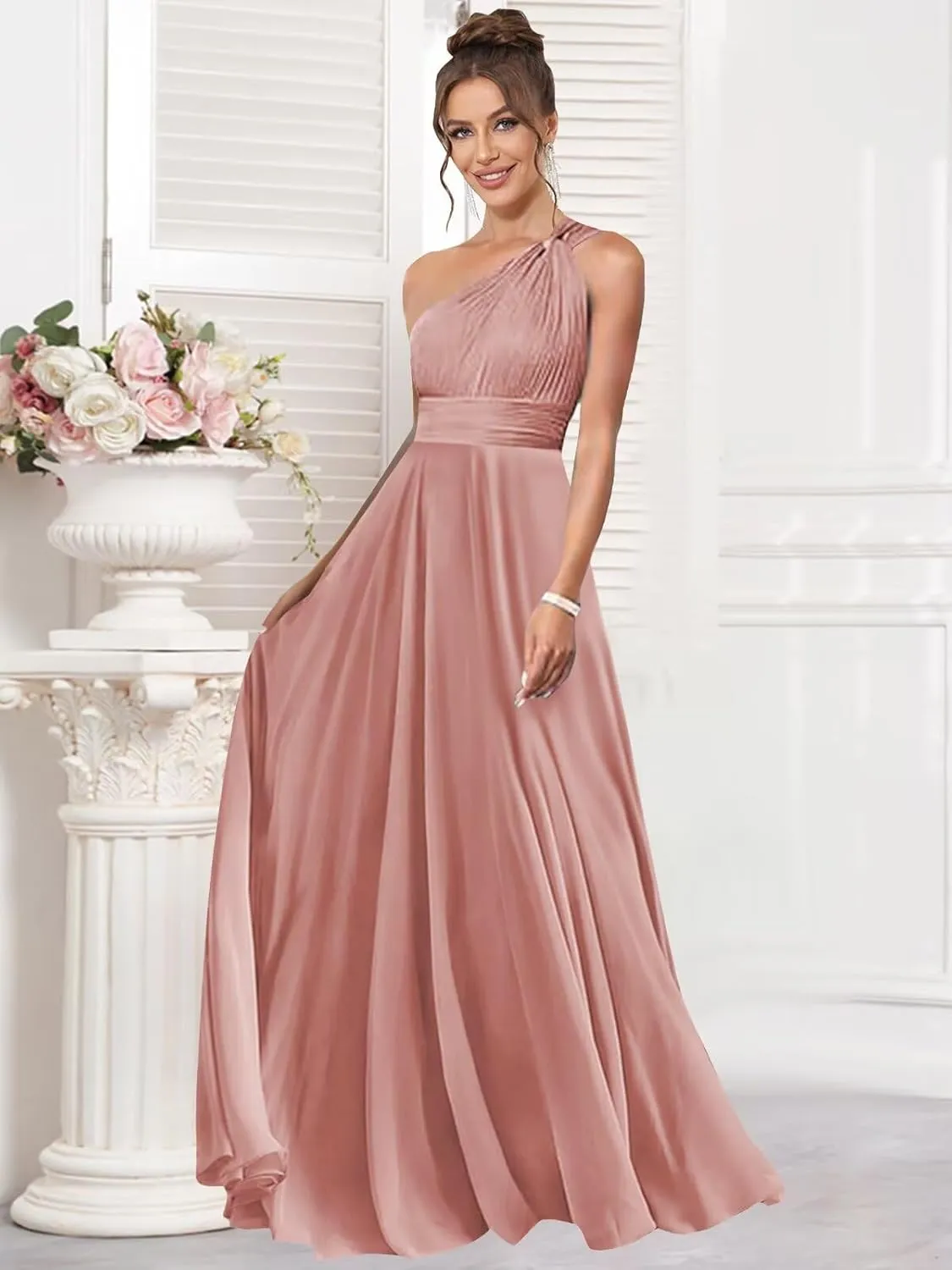 One Shoulder Bridesmaid Dresses for Wedding Chiffon A Line Pleated Long Formal Prom Dress with Pockets