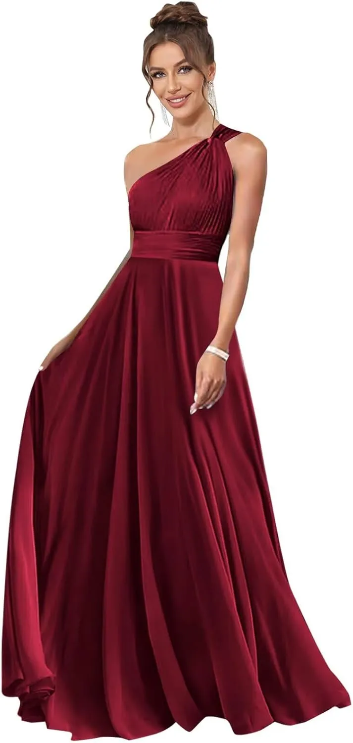 One Shoulder Bridesmaid Dresses for Wedding Chiffon A Line Pleated Long Formal Prom Dress with Pockets