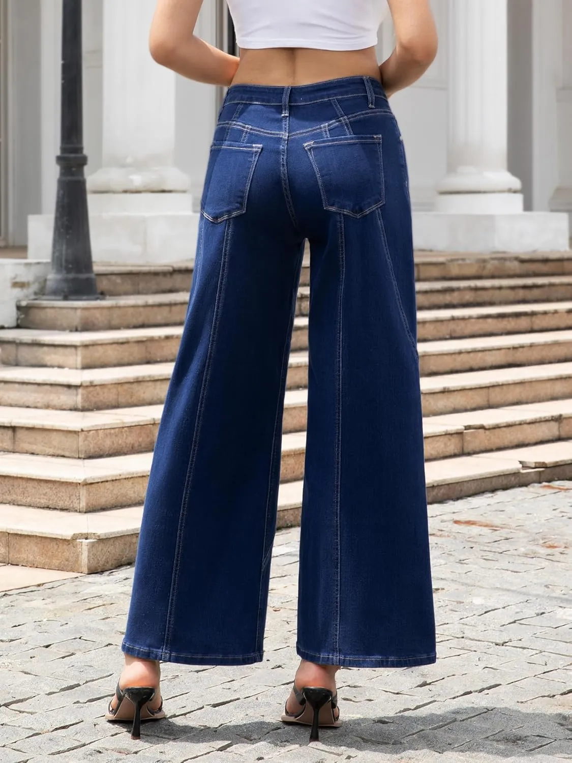 ONESO Womens Wide Leg Jeans Low Waist Seamed Strechy Baggy Jeans for Women Trendy Loose Fit Boyfriend Trouser Denim Pants