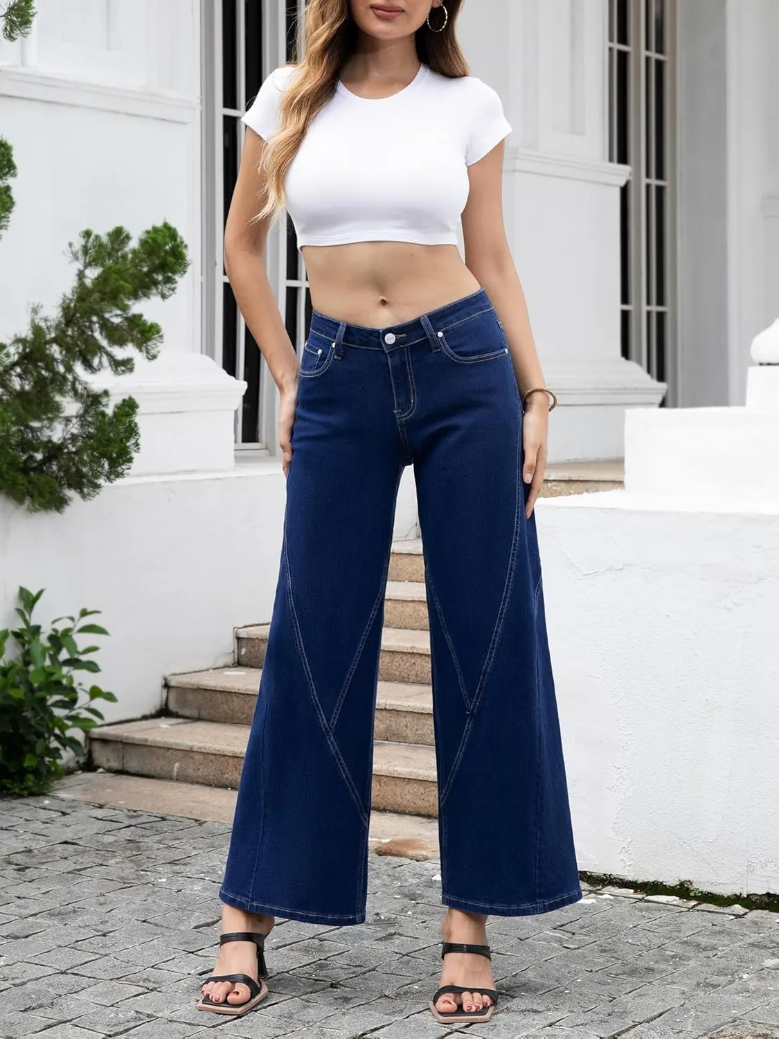 ONESO Womens Wide Leg Jeans Low Waist Seamed Strechy Baggy Jeans for Women Trendy Loose Fit Boyfriend Trouser Denim Pants