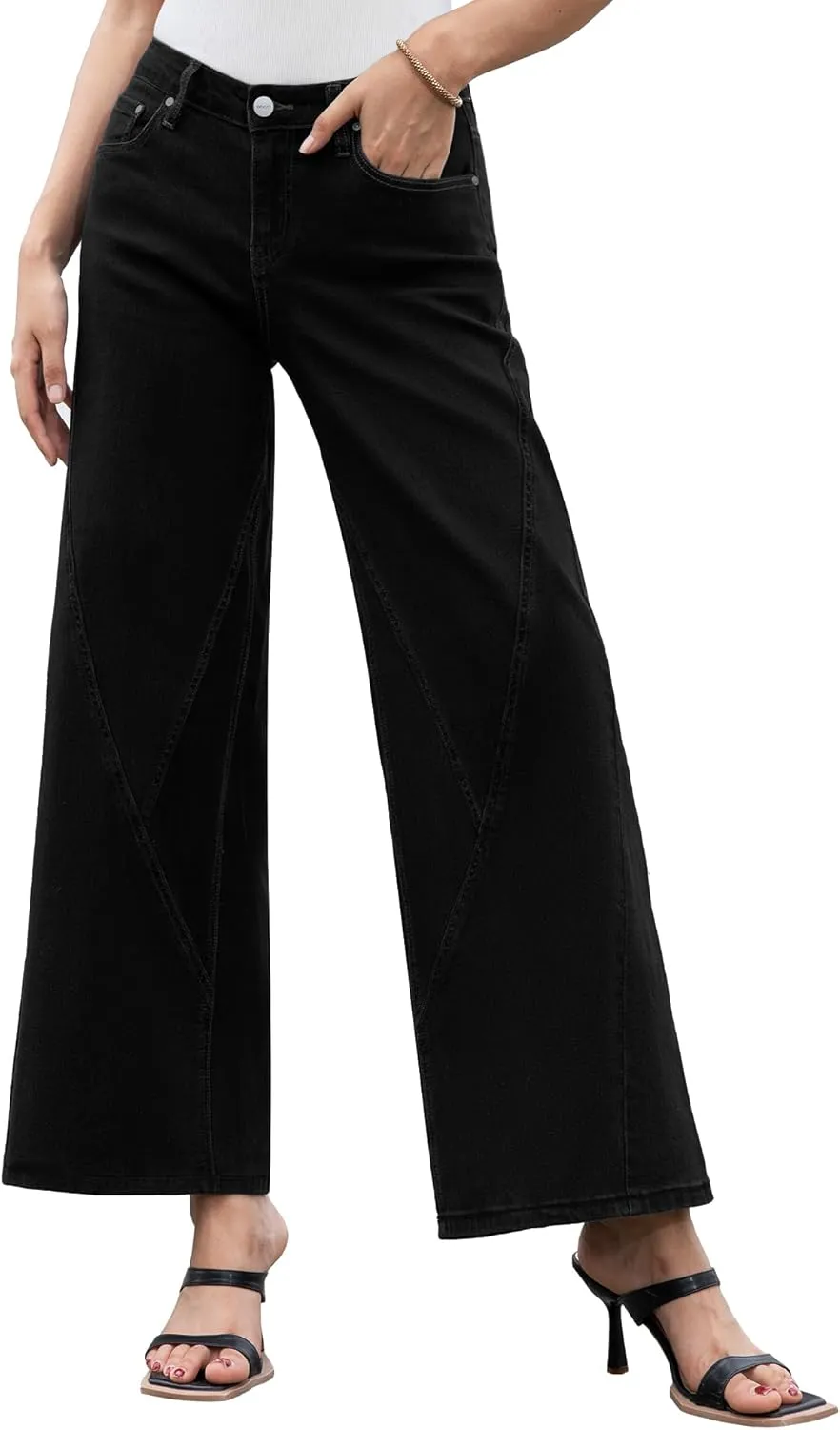 ONESO Womens Wide Leg Jeans Low Waist Seamed Strechy Baggy Jeans for Women Trendy Loose Fit Boyfriend Trouser Denim Pants