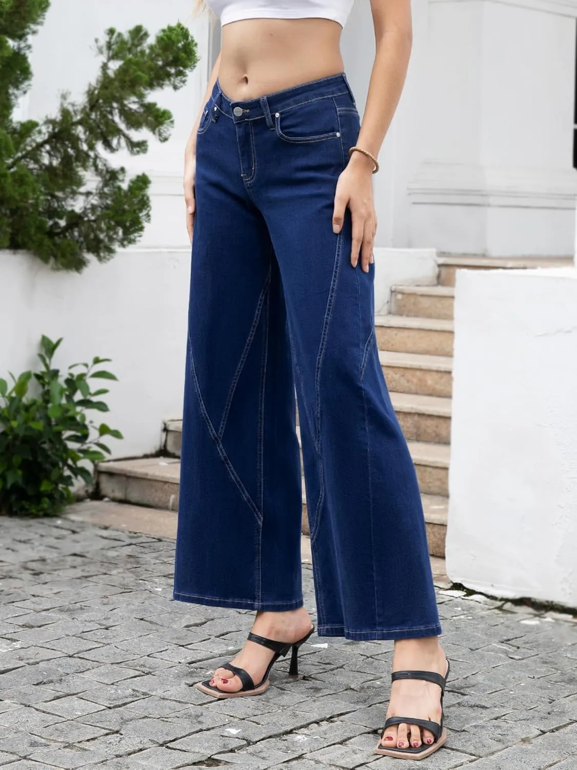 ONESO Womens Wide Leg Jeans Low Waist Seamed Strechy Baggy Jeans for Women Trendy Loose Fit Boyfriend Trouser Denim Pants