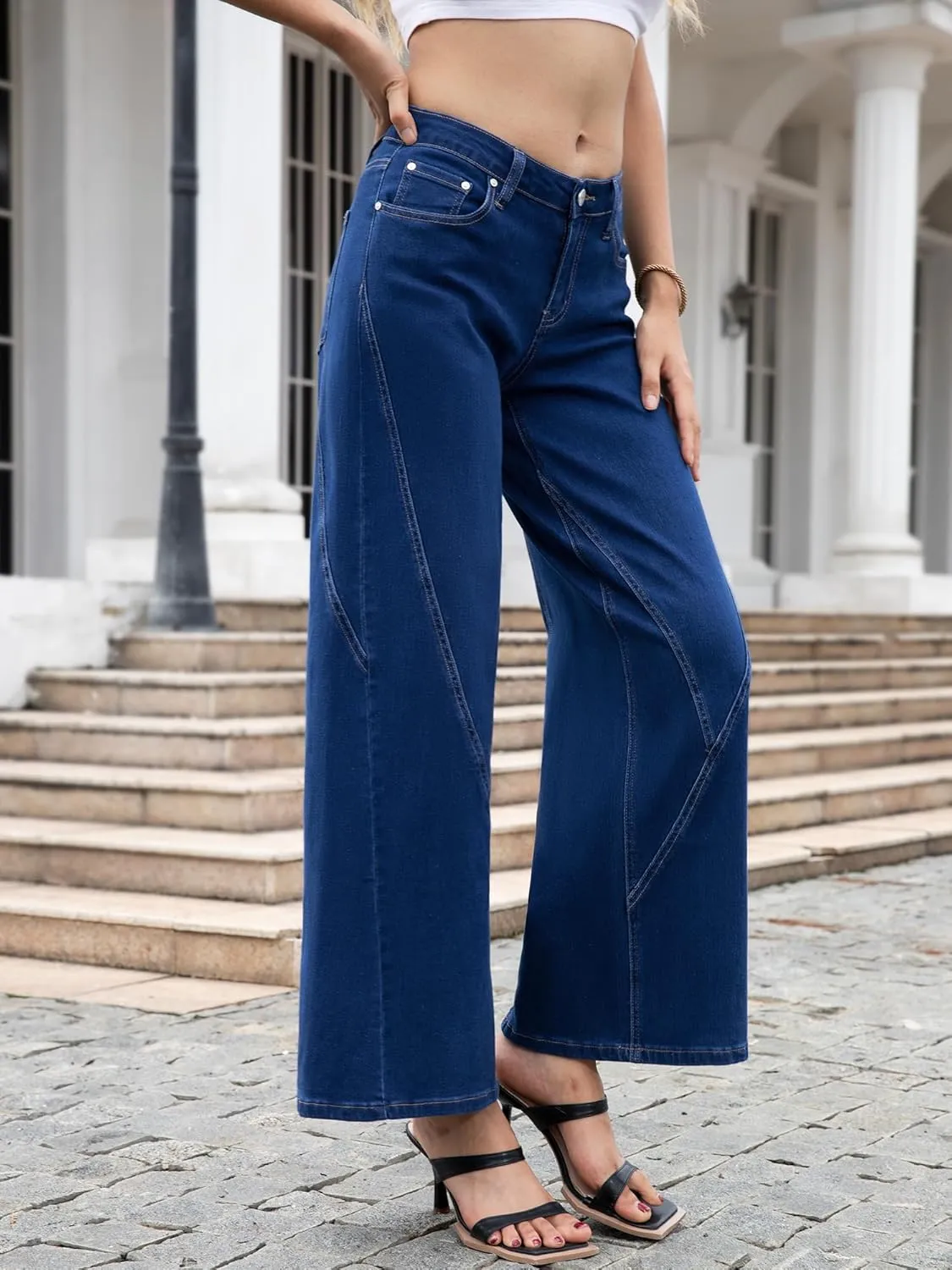 ONESO Womens Wide Leg Jeans Low Waist Seamed Strechy Baggy Jeans for Women Trendy Loose Fit Boyfriend Trouser Denim Pants