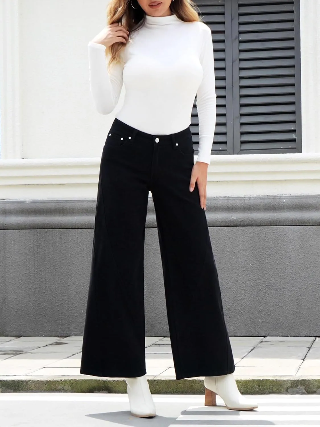 ONESO Womens Wide Leg Jeans Low Waist Seamed Strechy Baggy Jeans for Women Trendy Loose Fit Boyfriend Trouser Denim Pants