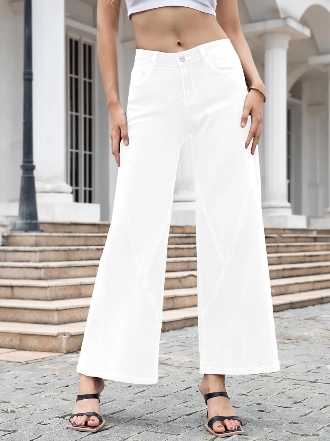 ONESO Womens Wide Leg Jeans Low Waist Seamed Strechy Baggy Jeans for Women Trendy Loose Fit Boyfriend Trouser Denim Pants