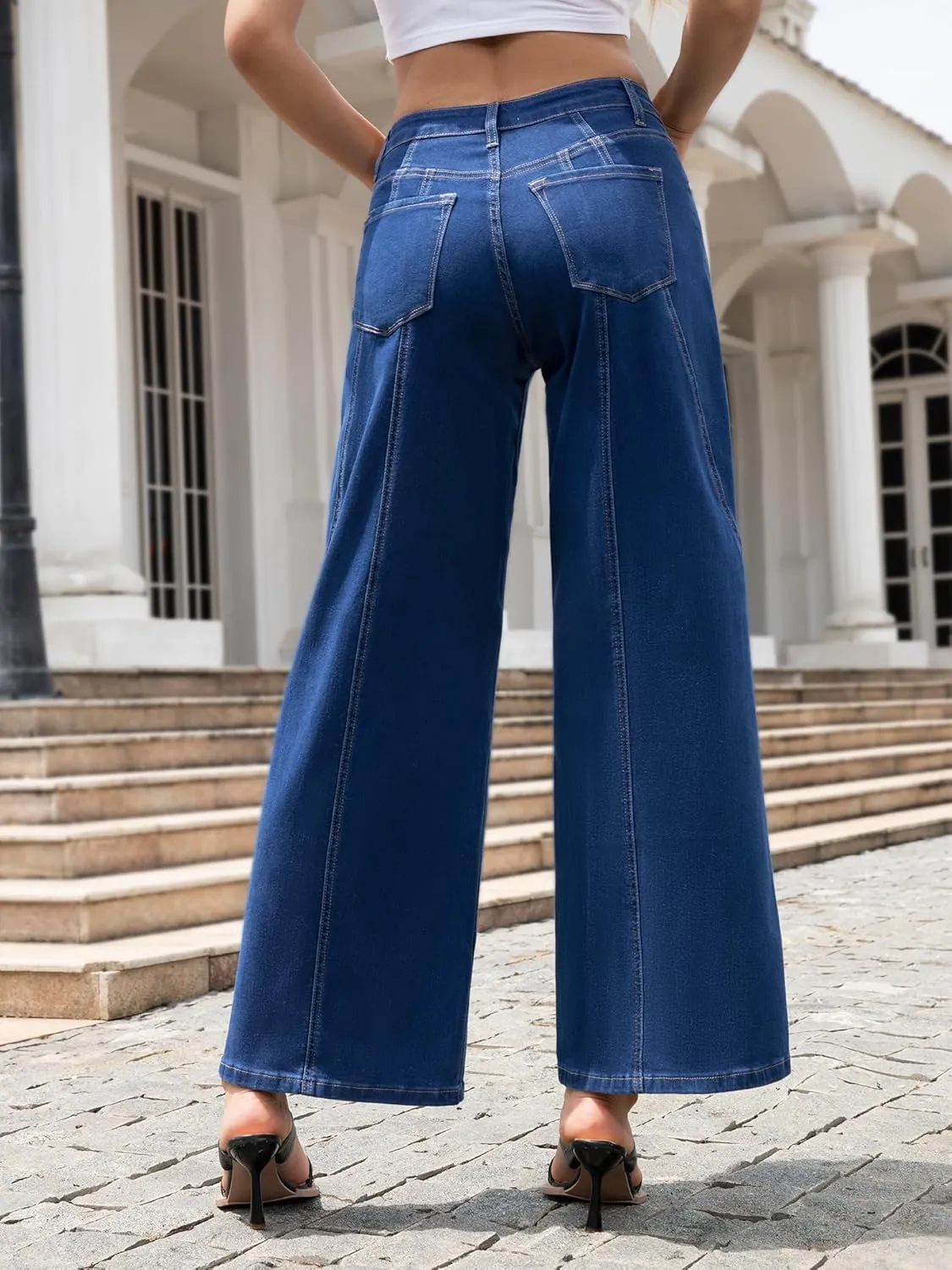 ONESO Womens Wide Leg Jeans Low Waist Seamed Strechy Baggy Jeans for Women Trendy Loose Fit Boyfriend Trouser Denim Pants