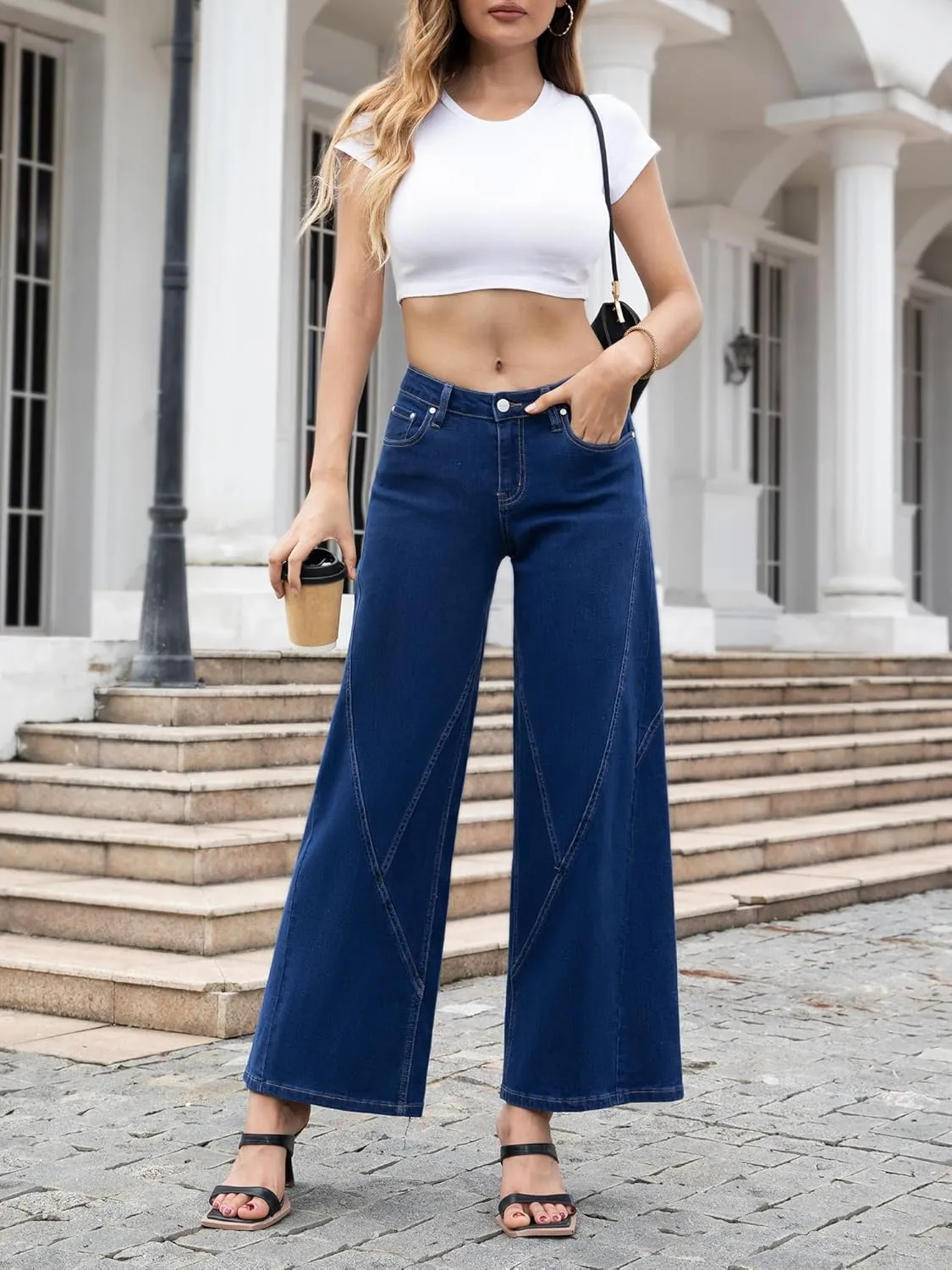 ONESO Womens Wide Leg Jeans Low Waist Seamed Strechy Baggy Jeans for Women Trendy Loose Fit Boyfriend Trouser Denim Pants