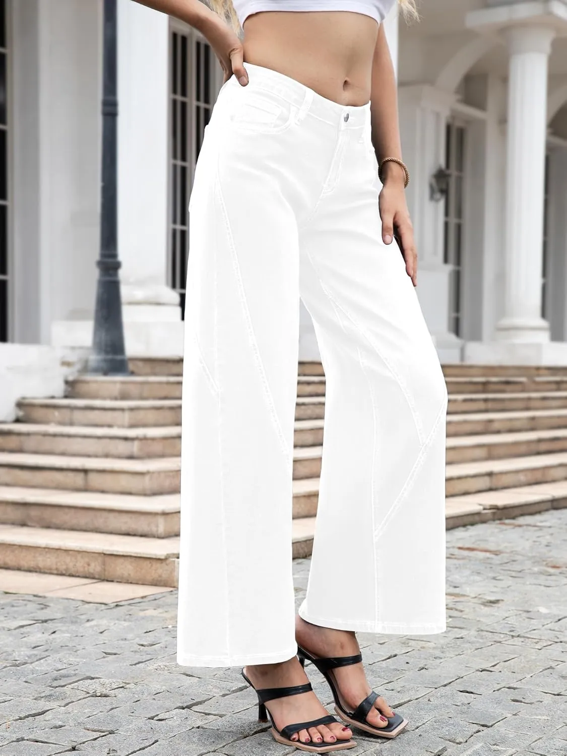 ONESO Womens Wide Leg Jeans Low Waist Seamed Strechy Baggy Jeans for Women Trendy Loose Fit Boyfriend Trouser Denim Pants