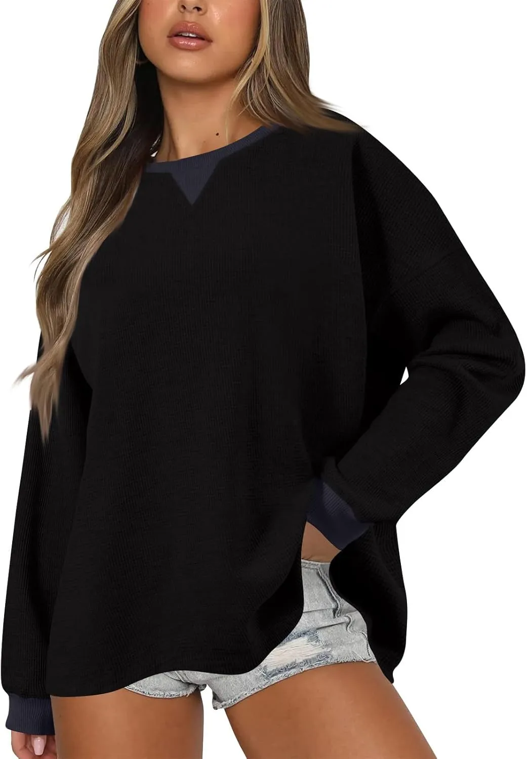 Oversized Sweatshirt for Women Drop Shoulder Crewneck Sweatshirts Casual Color Block Pullovers Waffle Knit Tops