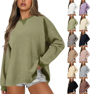 Oversized Sweatshirt for Women Drop Shoulder Crewneck Sweatshirts Casual Color Block Pullovers Waffle Knit Tops