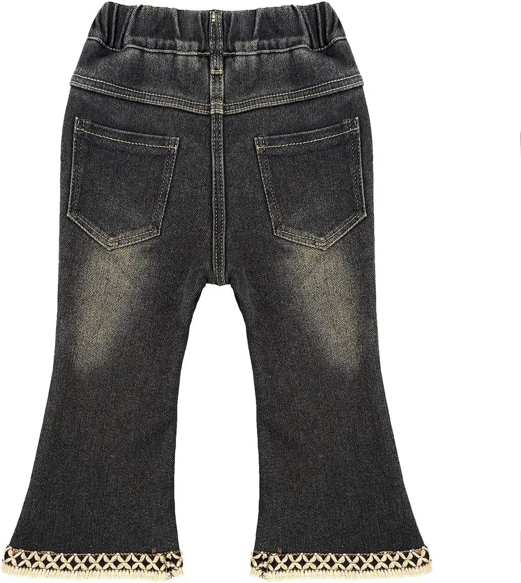 Peacolate 2-8Years Little Girls Spring Autumn Winter Black Embroidered Jeans Pants for Kid