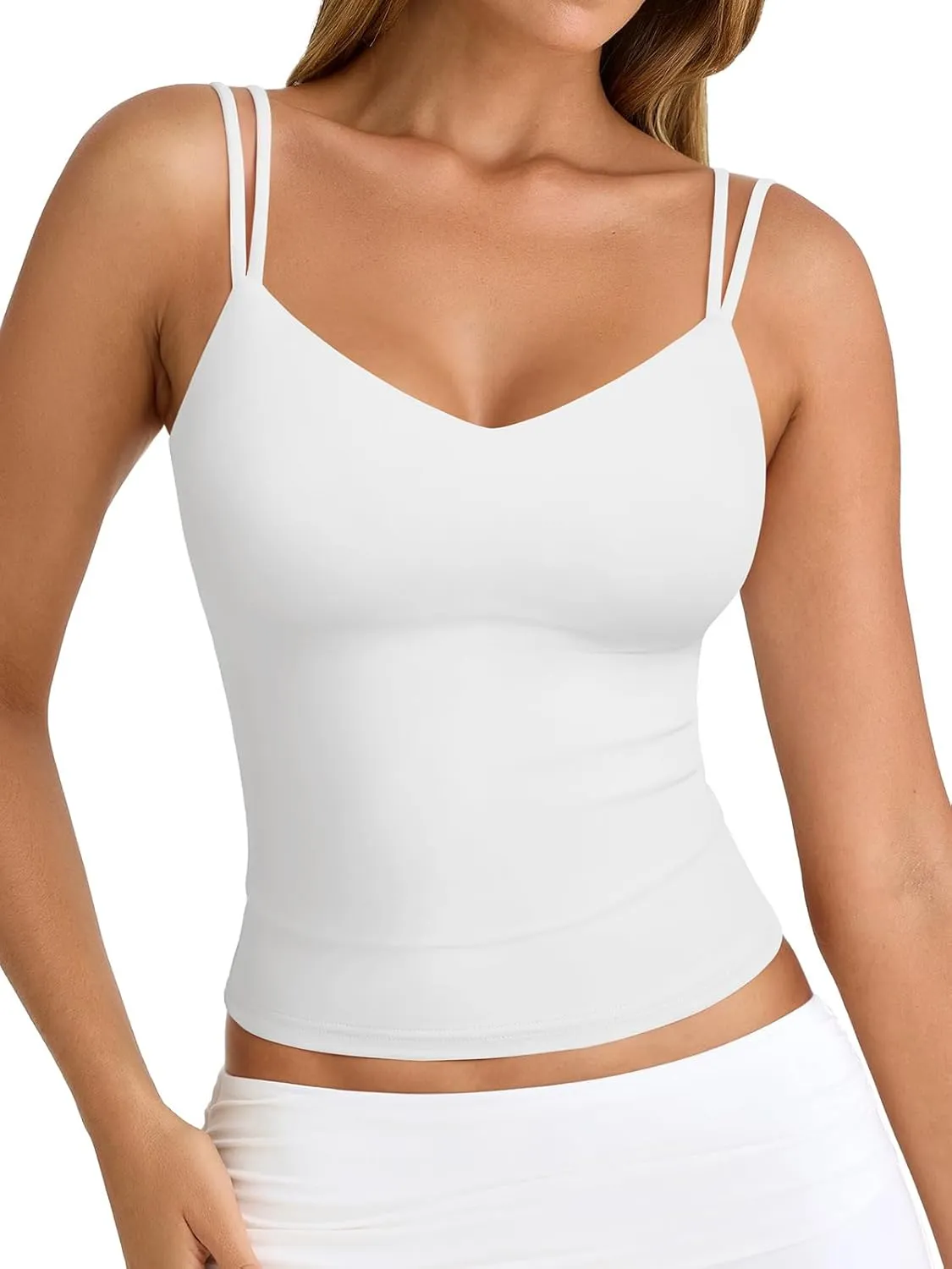 PINKMSTYLE Women Sexy V Neck Tank Top Sleeveless Double Lined Slim Fit Summer Double Spaghetti Strap Cami Going Out Tops