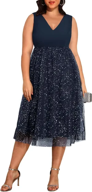 Pinup Fashion Plus Size Dresses for Women Wedding Guest V Neck Sleeveless Contrast Mesh Evening Midi Dress