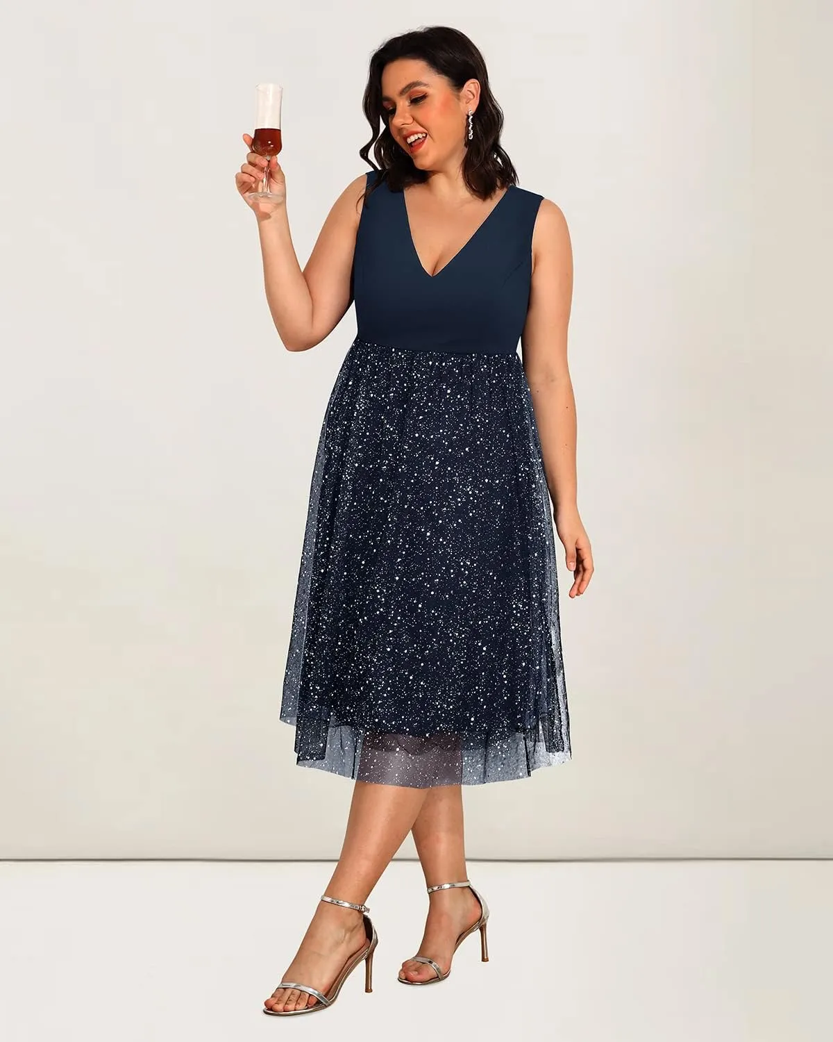 Pinup Fashion Plus Size Dresses for Women Wedding Guest V Neck Sleeveless Contrast Mesh Evening Midi Dress