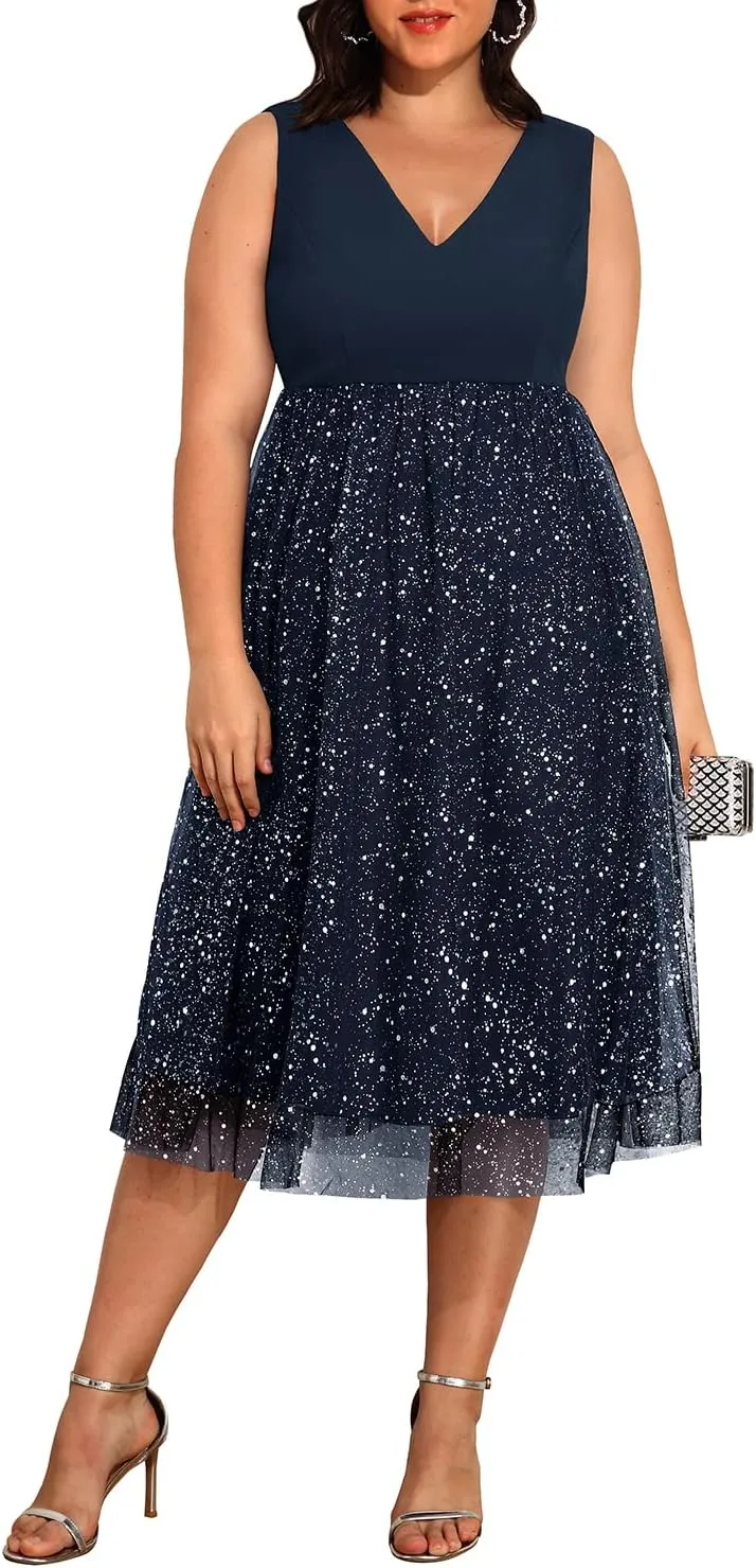 Pinup Fashion Plus Size Dresses for Women Wedding Guest V Neck Sleeveless Contrast Mesh Evening Midi Dress
