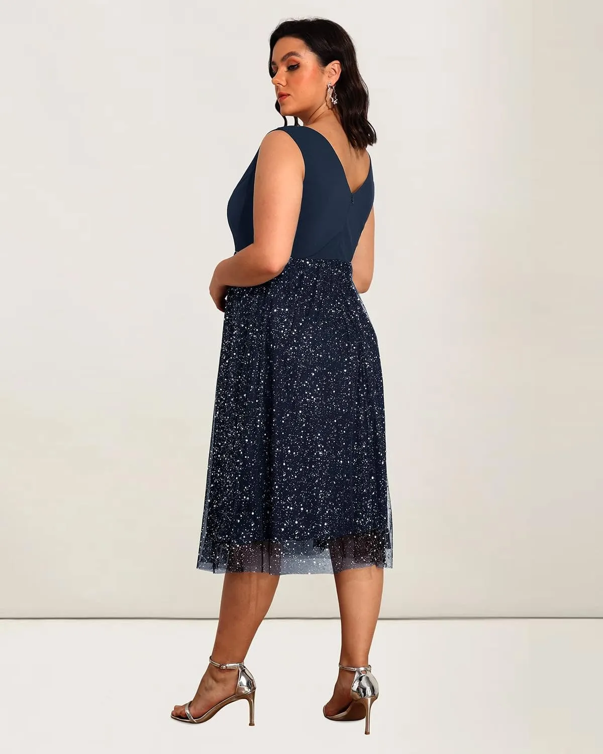 Pinup Fashion Plus Size Dresses for Women Wedding Guest V Neck Sleeveless Contrast Mesh Evening Midi Dress