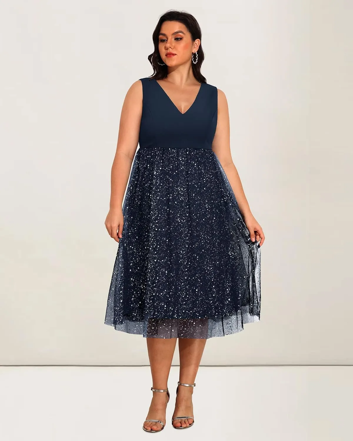 Pinup Fashion Plus Size Dresses for Women Wedding Guest V Neck Sleeveless Contrast Mesh Evening Midi Dress