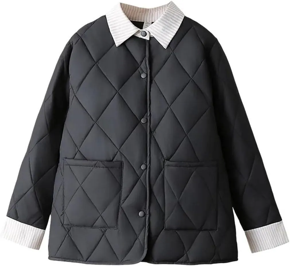 Plus Size Women Parka Autumn Winter Loose Thin Argyle Lapel Block Color Cotton-Padded Coat