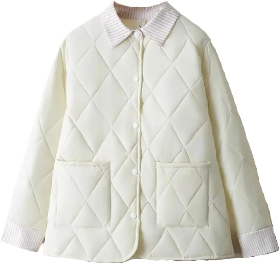 Plus Size Women Parka Autumn Winter Loose Thin Argyle Lapel Block Color Cotton-Padded Coat