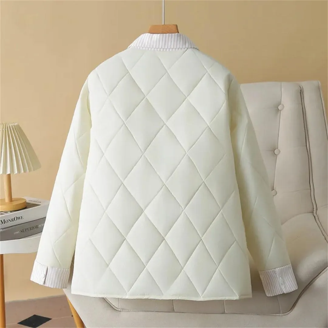 Plus Size Women Parka Autumn Winter Loose Thin Argyle Lapel Block Color Cotton-Padded Coat