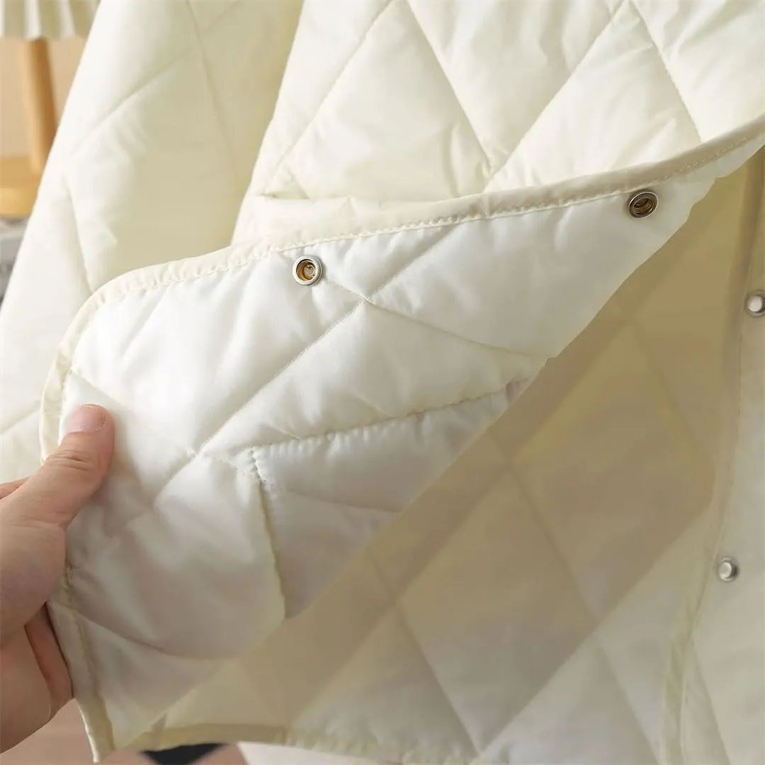 Plus Size Women Parka Autumn Winter Loose Thin Argyle Lapel Block Color Cotton-Padded Coat