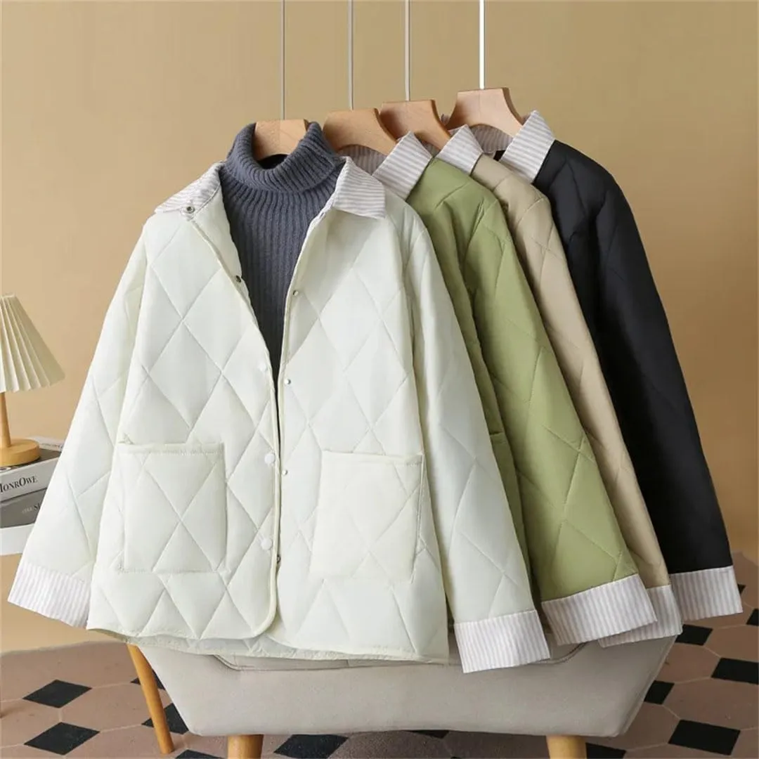 Plus Size Women Parka Autumn Winter Loose Thin Argyle Lapel Block Color Cotton-Padded Coat