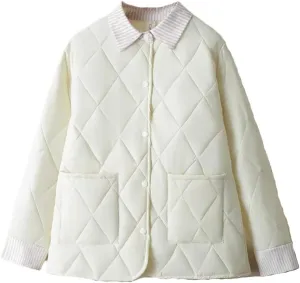 Plus Size Women Parka Autumn Winter Loose Thin Argyle Lapel Block Color Cotton-Padded Coat