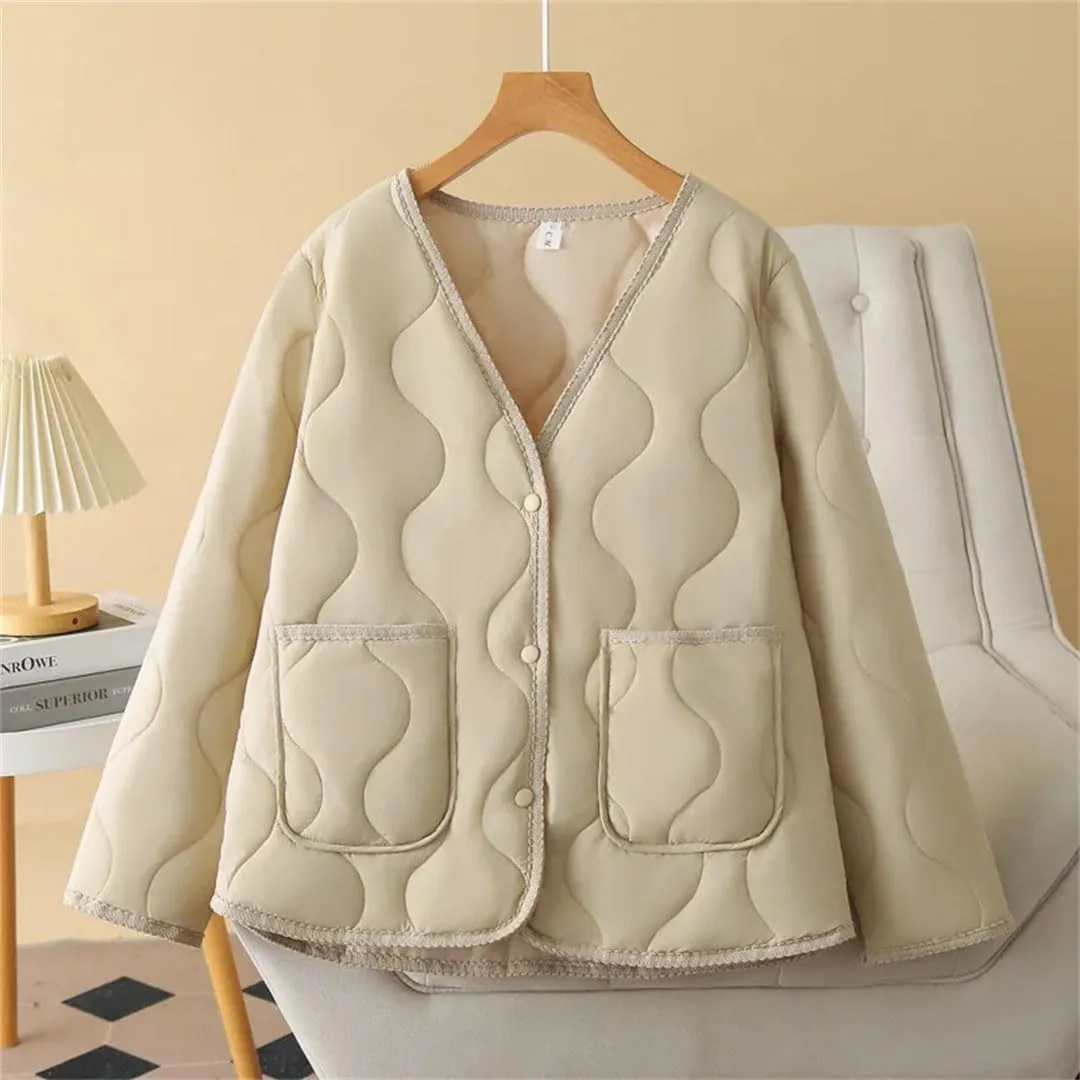 Plus Size Women Parka Autumn Winter Loose Thin V-Neck Pocket Cotton-Padded Coat