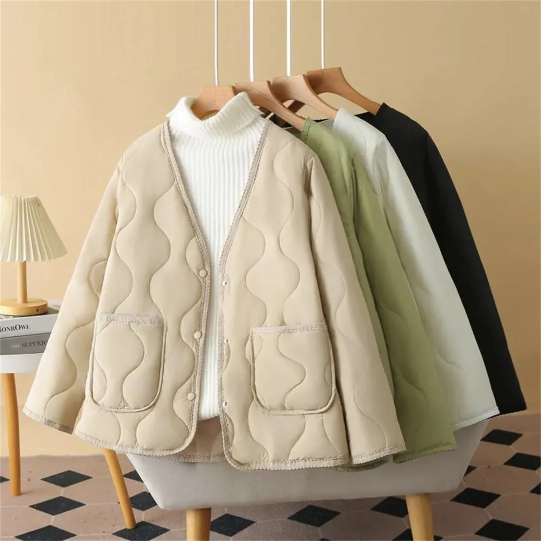 Plus Size Women Parka Autumn Winter Loose Thin V-Neck Pocket Cotton-Padded Coat