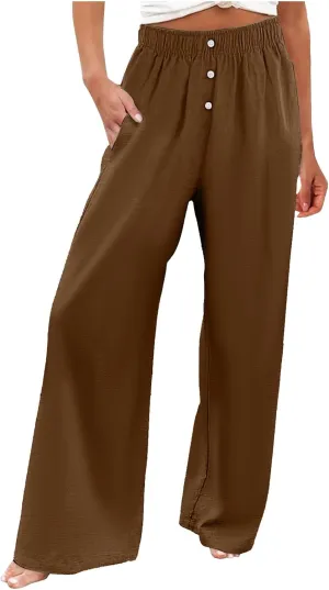 PTOLOCIF Cotton Linen Pants for Women High Waisted Wide Leg Palazzo Pant Drawstring Casual Loose Pants Trousers with Pockets
