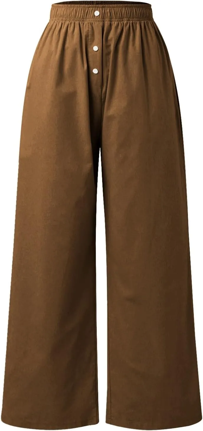 PTOLOCIF Cotton Linen Pants for Women High Waisted Wide Leg Palazzo Pant Drawstring Casual Loose Pants Trousers with Pockets