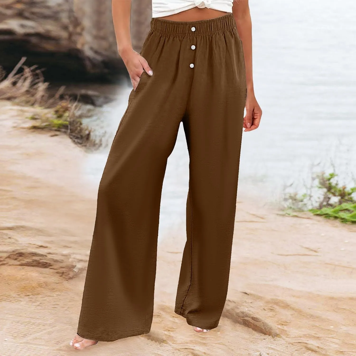 PTOLOCIF Cotton Linen Pants for Women High Waisted Wide Leg Palazzo Pant Drawstring Casual Loose Pants Trousers with Pockets