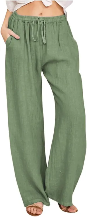 PTOLOCIF Womens Casual Linen Pants Summer Drawstring Elastic Waist Pants Wide Leg Cropped Lounge Trousers with Pockets