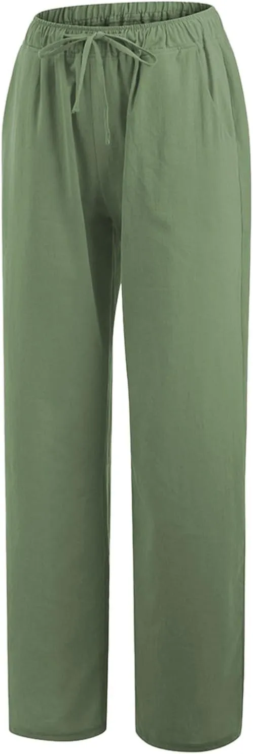 PTOLOCIF Womens Casual Linen Pants Summer Drawstring Elastic Waist Pants Wide Leg Cropped Lounge Trousers with Pockets