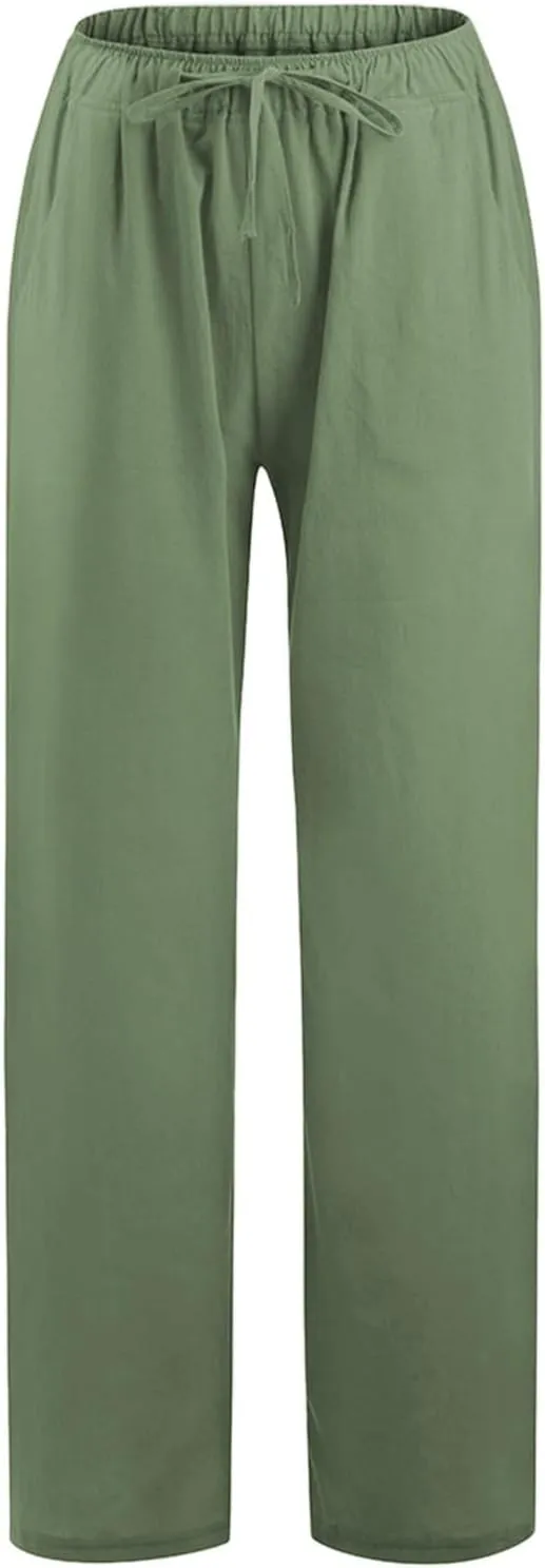 PTOLOCIF Womens Casual Linen Pants Summer Drawstring Elastic Waist Pants Wide Leg Cropped Lounge Trousers with Pockets
