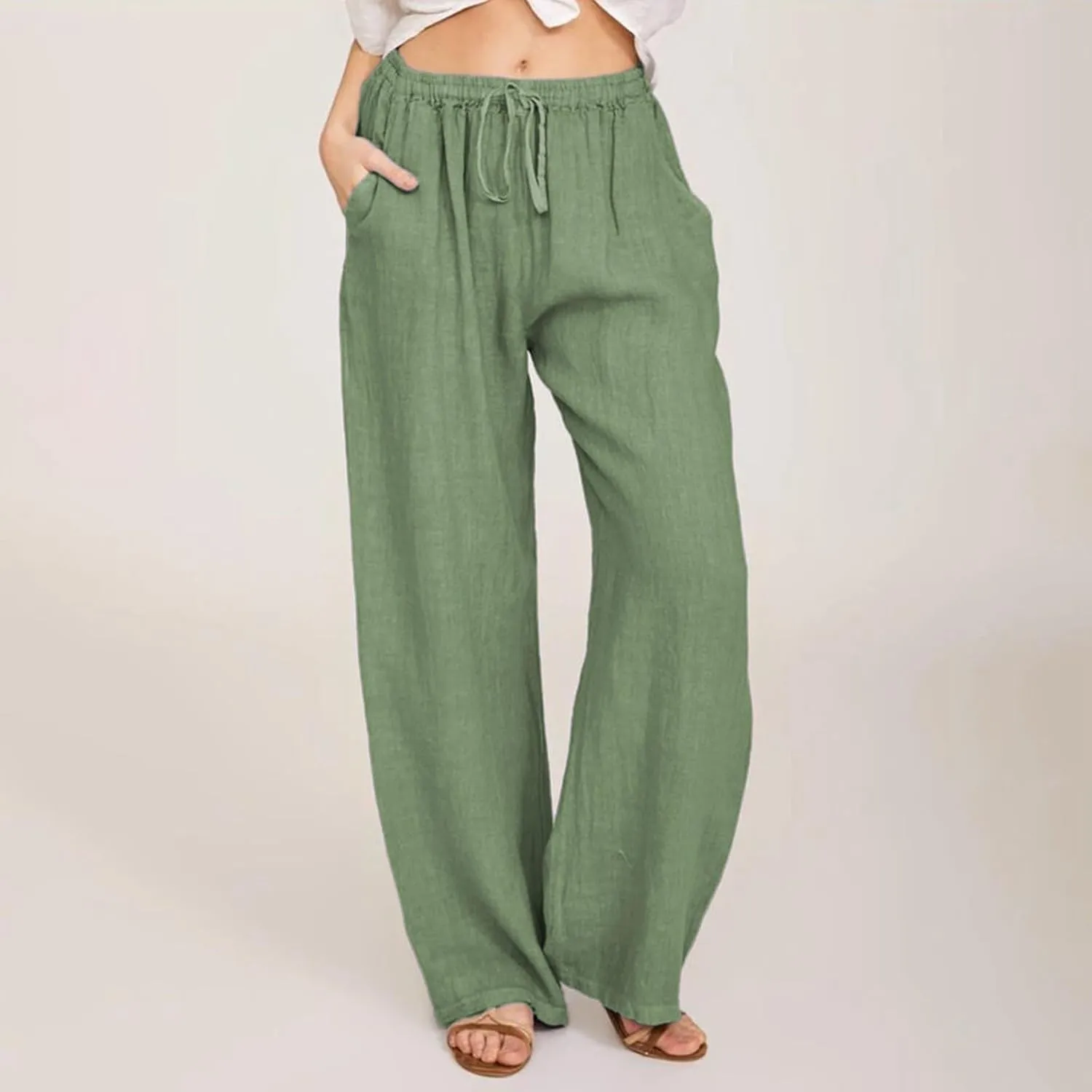 PTOLOCIF Womens Casual Linen Pants Summer Drawstring Elastic Waist Pants Wide Leg Cropped Lounge Trousers with Pockets