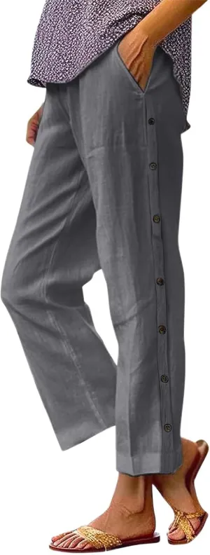 PTOLOCIF Womens Cotton Linen Pants Summer Wide Leg Casual Loose Pant Drawstring High Waist Palazzo Pant Trousers with Pockets