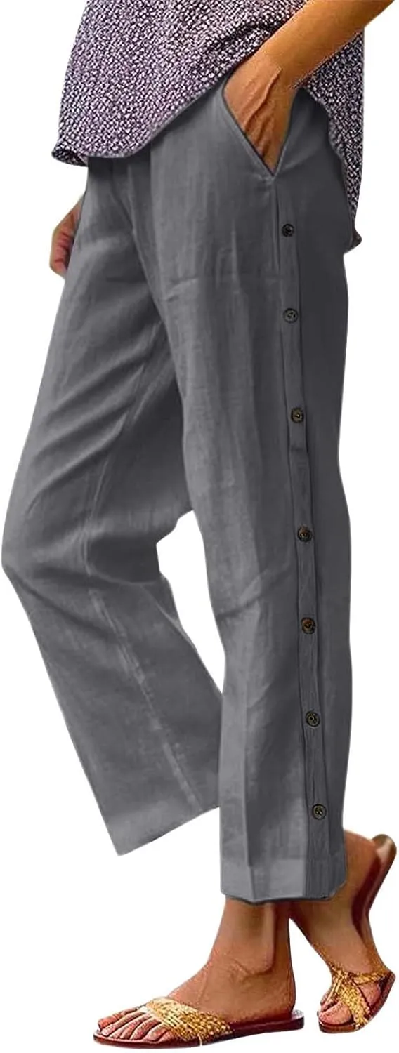 PTOLOCIF Womens Cotton Linen Pants Summer Wide Leg Casual Loose Pant Drawstring High Waist Palazzo Pant Trousers with Pockets