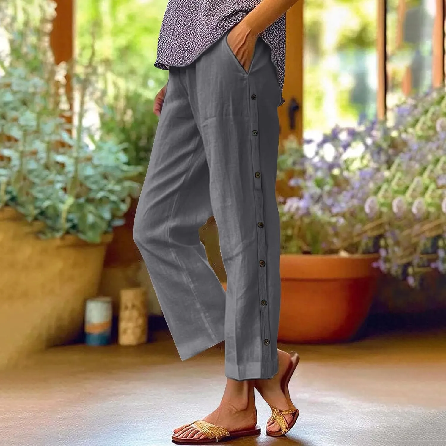 PTOLOCIF Womens Cotton Linen Pants Summer Wide Leg Casual Loose Pant Drawstring High Waist Palazzo Pant Trousers with Pockets