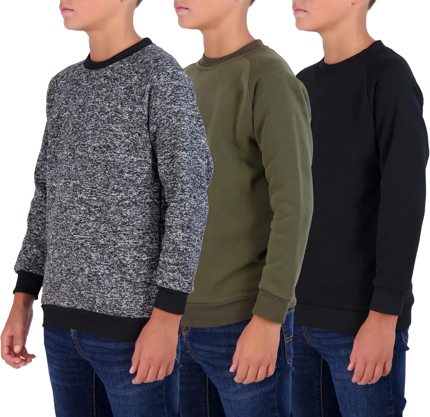 Real Essentials 3 Pack Boys' Fleece Crew Neck Long Sleeve Sweatshirt - Soft Pullover Sweaters for Youth Kids Boys & Girls