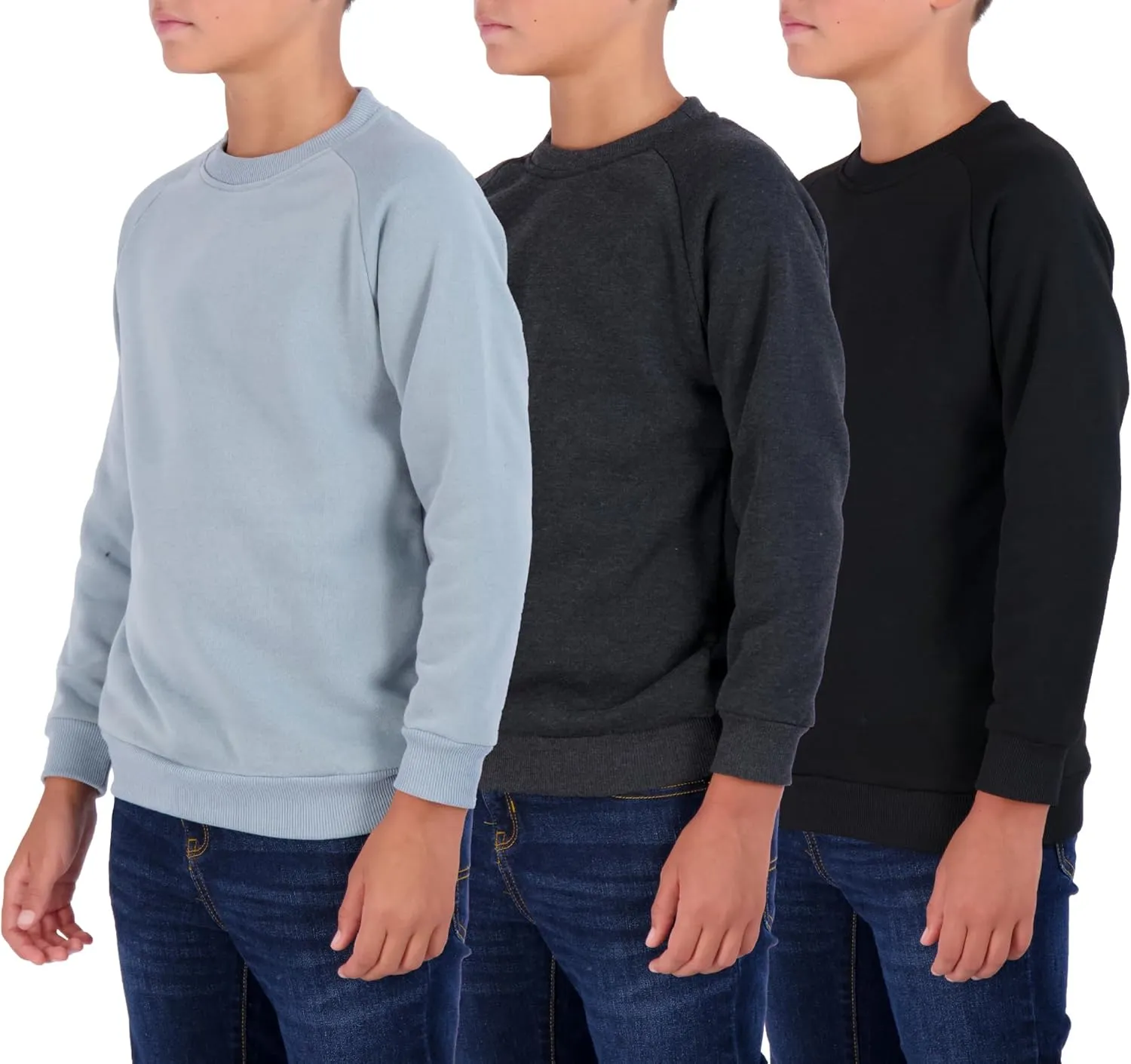 Real Essentials 3 Pack Boys' Fleece Crew Neck Long Sleeve Sweatshirt - Soft Pullover Sweaters for Youth Kids Boys & Girls