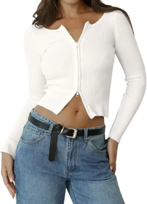 REORIA Womens Fall Trendy Double Zip Up Long Sleeve Soft Knit Lightweight Cropped Cardigan Sweaters