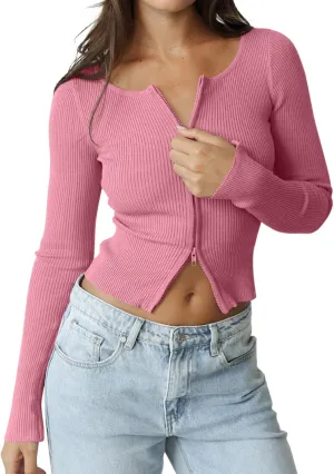 REORIA Womens Fall Trendy Double Zip Up Long Sleeve Soft Knit Lightweight Cropped Cardigan Sweaters