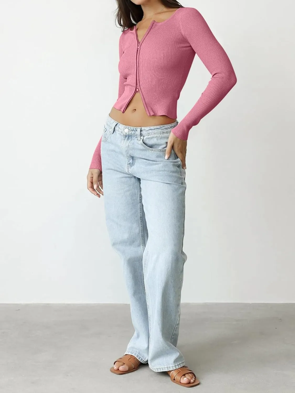 REORIA Womens Fall Trendy Double Zip Up Long Sleeve Soft Knit Lightweight Cropped Cardigan Sweaters