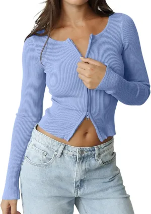 REORIA Womens Fall Trendy Double Zip Up Long Sleeve Soft Knit Lightweight Cropped Cardigan Sweaters