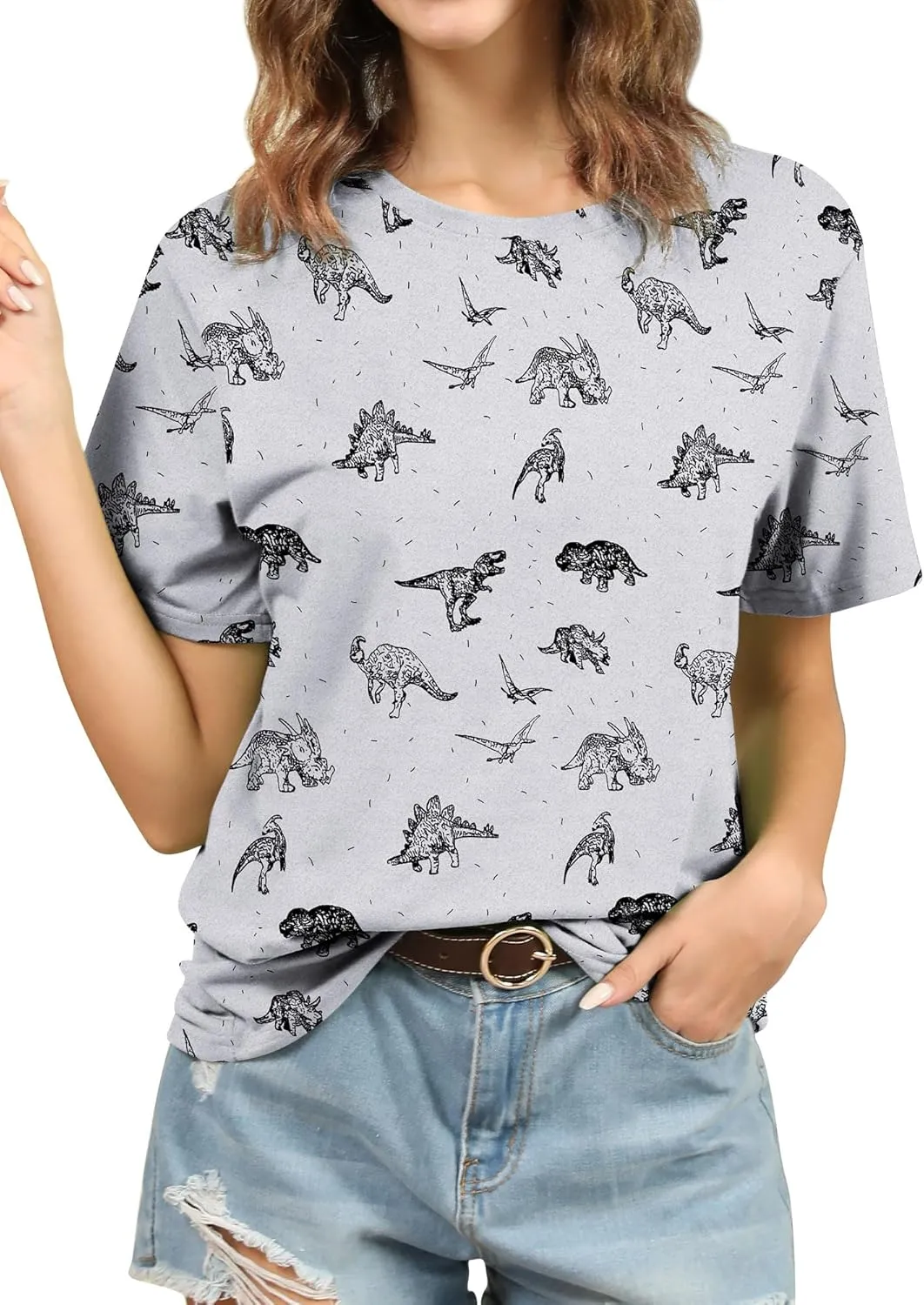 RMCMS Women Cute Dinosaur Graphic Prime Tees Ladies Bestie Fun Shirt Blouse Tops