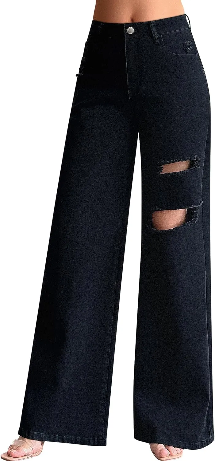 roswear Womens Baggy Wide Leg Jeans Boyfriend Trendy High Waisted Ripped Stretchy Denim Jeans